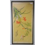 Chinese watercolour on silk, birds on bamboo, signed and with red seal, 68cm x 33cm,