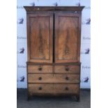 George lll Mahogany linen press, upper with panelled doors, lacking shelves, base has two short