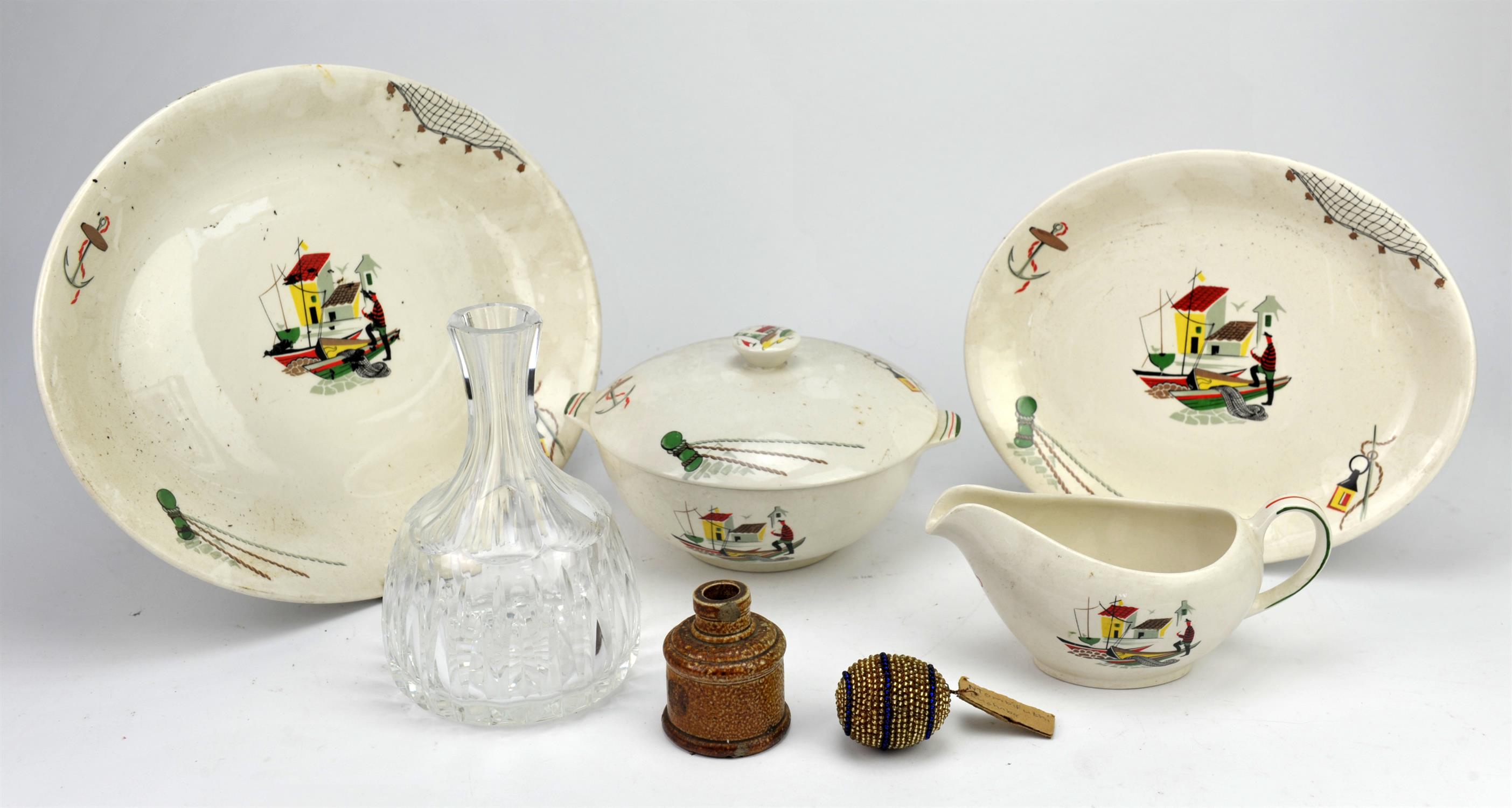 Alfred Meakin "Brixham" part dinner service, two decanters, and other decorative items