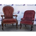 Victorian carved walnut armchair, 102cm high, together with a Victorian button back chair,