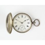 A full hunter pocket watch, unsigned white dial with Arabic hour markers, railway minute track,
