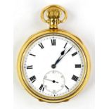A Gold open face Pocket Watch , the unsigned white enamel dial Black roman numeral hour markers