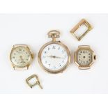 A Ladies gold open face pocket watch with white enamel dial, two gold unsigned wristwatches and