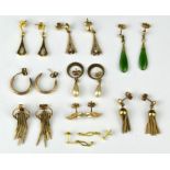Nine pair of earrings, including pearl studs, pearl drops, a pair of half hoops, ruby and diamond