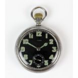 Waltham military open face pocket watch, 51.5mm case, with signed black dial and Arabic hour