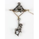 Diamond set swinging monkey brooch, 9 ct bar with pearls set to each end, with a monkey set with a