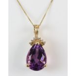 Amethyst and diamond pendant, with claw set pear cut amethyst, with an estimated weight of 12.