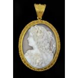 Victorian shell cameo pendant, wire work setting, with reverse locket compartment,