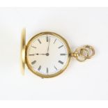 A gold hunter pocket watch, the white enamel dial with black Roman numeral hour markers,