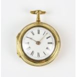 Pair cased pocket watch, with unsigned white dial, Roman numeral hour markers, and railway minute