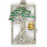 AMENDED CONDITION & PHOTO Art Deco owl and tree pendant, rectangular rose cut diamond set frame
