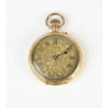 A Ladies gold open face pocket watch the foliate embossed dial set with Roman numeral marker and