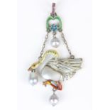 Austro Hungarian enamel swan pendant, enamel bird with mother of pearl breast, with pearls