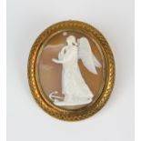 Large cameo brooch, depicting an angel in a wirework frame, in gold testing as 18 ct,