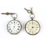 Two silver open face pocket watches with white enamel dials, Roman numeral hour markers,