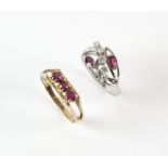 Contemporary ruby and diamond ring, set with two marquise cut rubies and five round brilliant cut