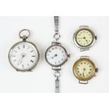 A silver open face pocket watch with white enamel dial set with applied floral reserve and roman