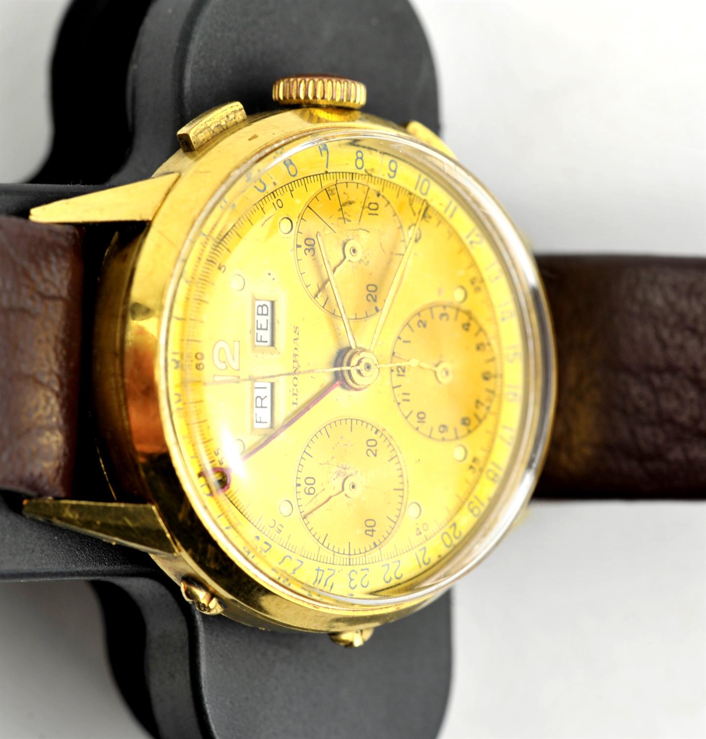 Leonidas A Gold gentleman's chronograph wristwatch, the signed brushed gold dial, - Image 6 of 7