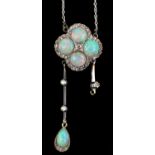 An opal and diamond necklace, with four round cabochon opals with an old cut diamond set to the