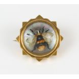 Late Victorian reverse painted rock crystal intaglio brooch, depicting a painted bee,