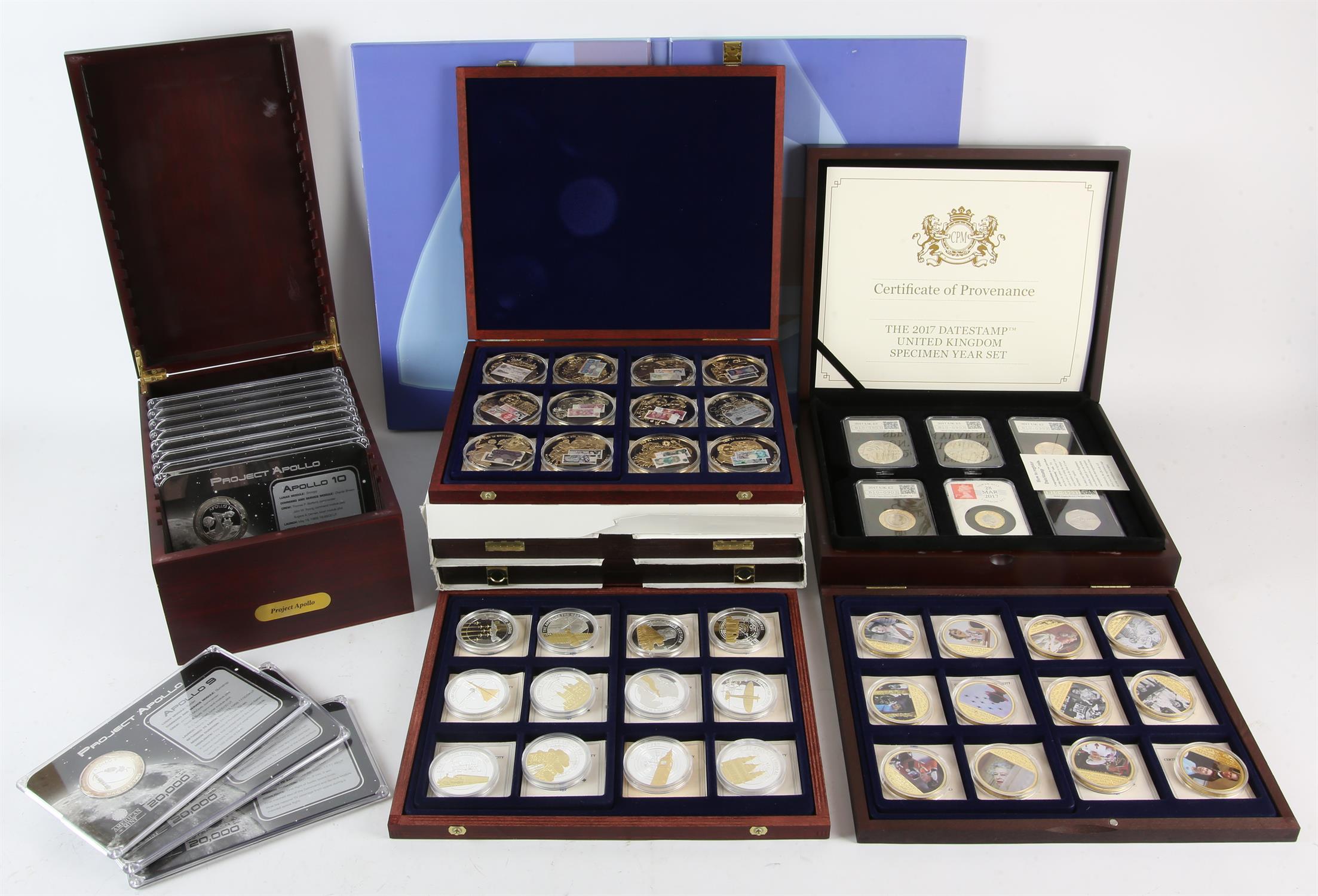 A collection of exonumia and minor coins. Including a cased partial set of eleven colour-printed