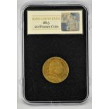 A France gold 20 franc coin of Louis XVIII 1815 in a modern case with certificate,