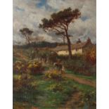 William Banks Fortescue (British, c.1855-1924), Moorland landscape with figures and cottage,