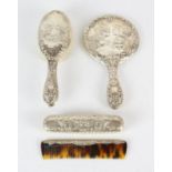 Modern silver " Cherub" dressing table set, boxed, Birmingham 1982, and cased pair of shell salts