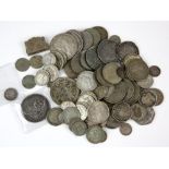 A mixed collection of coins and other items, including a France 5 francs 1868 finely pitted,