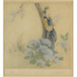 Elyse Ashe Lord (1900-1971), Girl with Hydrangeas, colour etching, signed lower right,