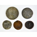 A collection of five coins, comprising a worn 2 soldi copper coin from Dalmatia and Albania of