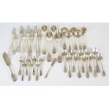 Mixed lot of fiddle pattern and other cutlery, various dates and makers, including 5 sauce ladles,