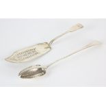 George III silver basting spoon with strainer, feather edge and lion with anchor crest,