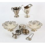 Pair of pierced silver pedestal bon-bon dishes, Sheffield 1952, helmet shaped cream jug,