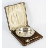 AMENDED DESCRIPTION Silver nursery dish with Noah's Ark border, cased with spoon by Elkinton & Co.