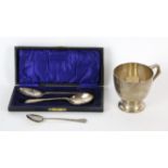 Silver presentation mug, London 1928, two tea spoons and a christening spoon, 7oz 227gm