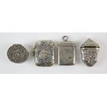 Embossed sterling silver vesta case, plain silver vesta case, continental silver box and unmarked