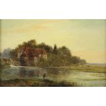 English School (19th century), An Angler on a riverbank, a mill and weir beyond, oil on board,