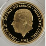 A Tristan Da Cunha gold proof double sovereign coin 2023, with images of King Charles III on the