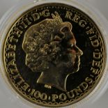 A gold Britannia £100 coin 2008, of 22 ct gold and actual gold weight of 1 ounce, in a capsule.