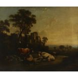 Manner of Aelbert Cuyp, Cattle, sheep and drover in a Classical landscape, oil on canvas, 50 x 60cm.