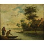 Dutch School, c.1800, riverside landscape with figures, oil on canvas, monogrammed lower right,