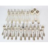 Early Victorian part canteen of fiddle pattern silver by Robert Wallis, comprising 17 desert forks,