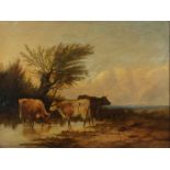 Follower of Thomas Sidney Cooper, landscape with cattle, oil on board, 43 x 59cm, framed.