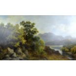 Robert Harwood, (Irish fl.1830-1879), Wooded lake landscape, oil on canvas, signed lower left,