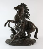 A bronze model of the Marly horse, together with groom, 20th Century, 70cm high