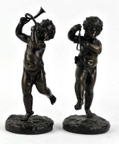 Pair of patinated bronze figures of putti one with a triangle the other with a horn, H 24cm