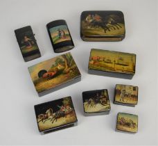 Collection of Russian papier-mache boxes, late 19th Century and later, to include a purse and