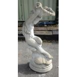 Reconstituted stone bird bath in the form of a girl holding shell, H92cm