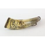 Cowhorn and engraved brass powder flask, late 18th/19th Century, the brass end cap engraved with